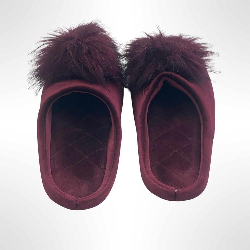 Elegant Burgundy Fur Pom-Pom Women's Slippers size 7.5 - Picture 3 of 5